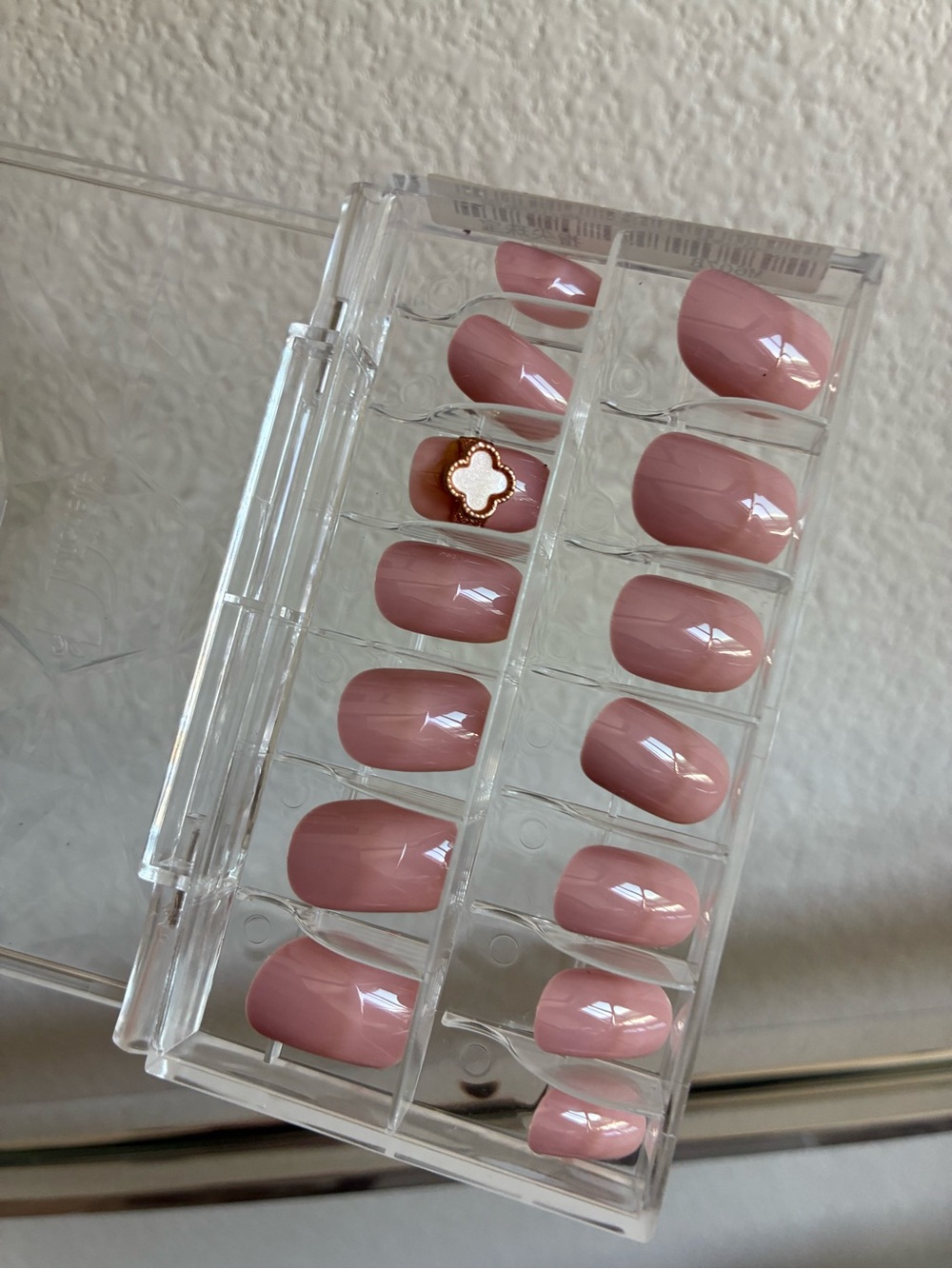 NEW Soft Baby Pink Glossy Oval Press On Nails | Gold Clover Charm | Full Set